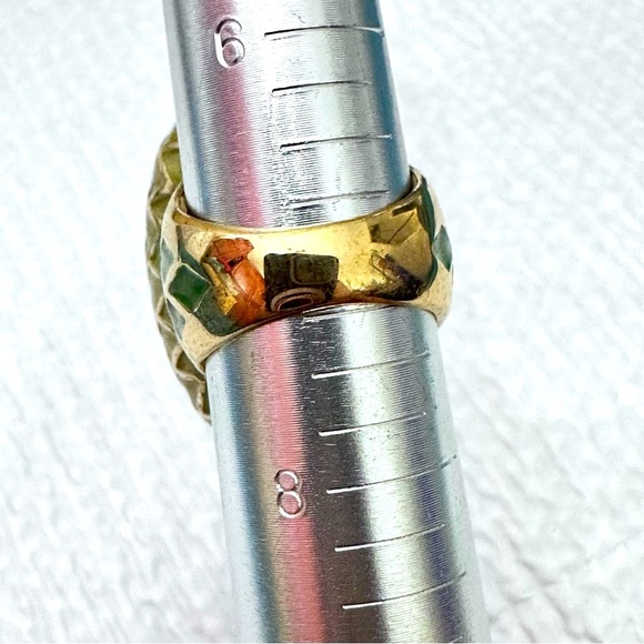 Vintage Large Cocktail Ring Yellow Glass Crystal Enamel Harlequin Mosaic Band - Picture 4 of 12